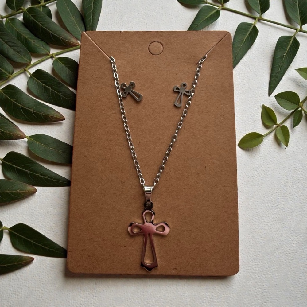Stainless Steel Cross Necklace and Earring Set